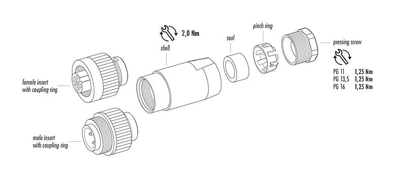 Component part drawing 99 4217 110 07 - RD24 Male cable connector, Contacts: 6+PE, 8.0-10.0 mm, unshielded, screw clamp, IP67, UL, ESTI+, VDE, PG 11