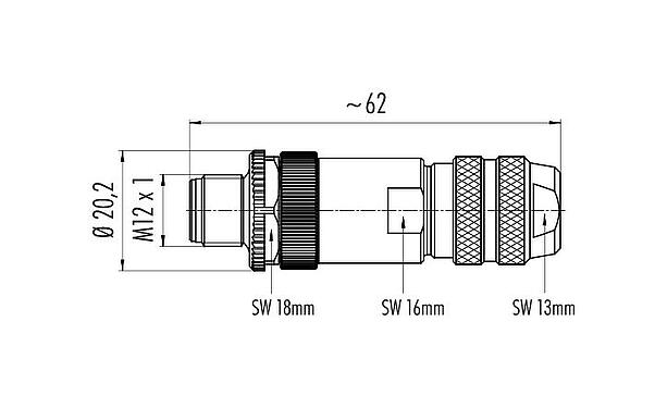 Dessin coté M12 Connecteur mâle, Contacts: 4, 6,0-8,0 mm, blindable, raccord sur bornier à ressort, IP67, M12x1,0