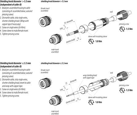 Instructions de montage M12 Connecteur mâle, Contacts: 4, 5,0-8,0 mm, blindable, pince à visser, IP67, UL 2238, ressort à iris