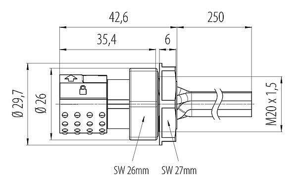 Scale drawing 09 6122 250 06 - Bayonet Female panel mount connector, Contacts: 6 (3+PE+2), shieldable, single wires, IP66/IP67, M20x1.5