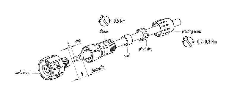 Instrucción de montaje Bayoneta Conector de cable macho, Número de contactos: 5, 3,0-5,0 mm, soldadura, IP67