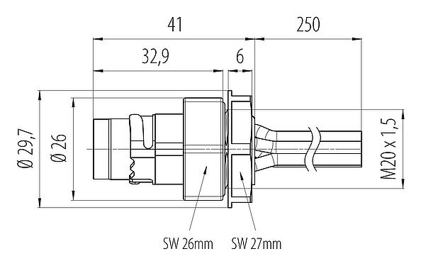 Dibujo a escala Bayoneta Enchufe de brida, Número de contactos: 6, blindable, hilos, IP66/IP67, UL 2237, M20x1,5, Montaje frontal