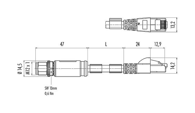 Dessin coté M12/RJ45 Câble de raccordement connecteur mâle - connecteur RJ45, Contacts: 8, blindé, surmoulé sur le câble, IP67, UL, PUR, vert, AWG 26/7, 10 m