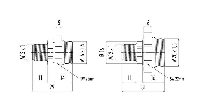 Scale drawing 09 0439 397 04 - M12 Male panel mount connector, Contacts: 4, unshielded, solder, IP67, M20x1.5