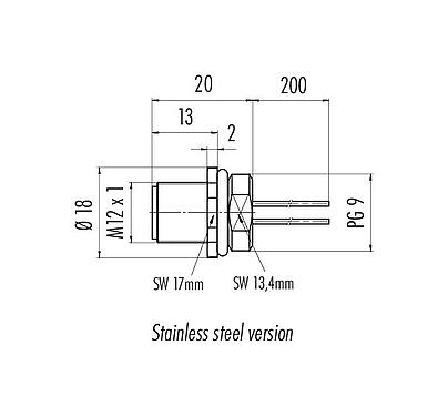 Dessin coté 76 2133 0111 00105-0200 - M12 Embase mâle, Contacts: 5, non blindé, fils, IP68, PG 9, Acier inoxydable