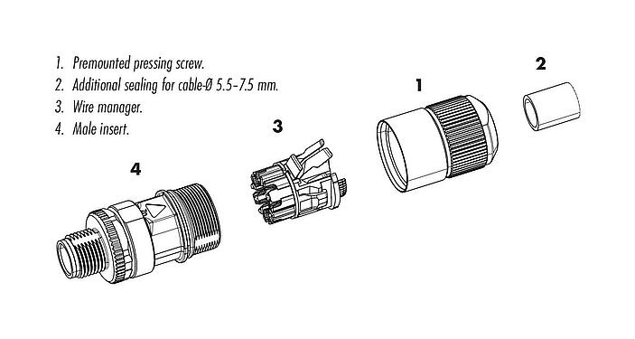 Dessin des composants M12 Connecteur mâle, Contacts: 8, 5,5-9,0 mm, blindable, IDC, IP67