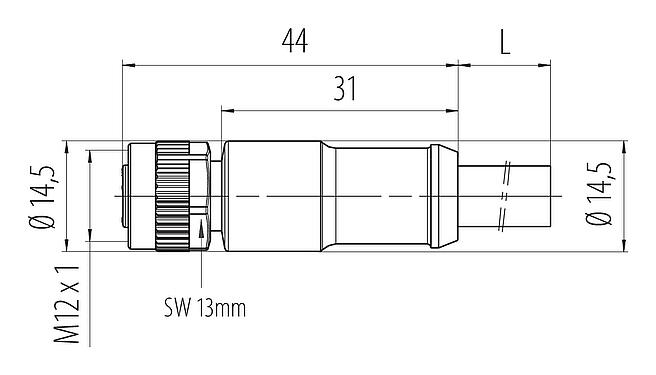 Dibujo a escala M12 Conector de cable hembra, Número de contactos: 3+PE, sin blindaje, moldeado en el cable, IP68, UL 2238, PUR, negro, 4 x 1,50 mm², 2 m