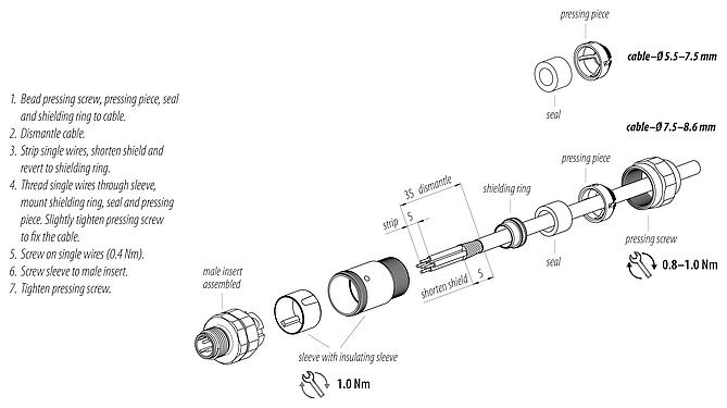 Instructions de montage M12 Connecteur mâle, Contacts: 4, 5,5-8,6 mm, blindable, pince à visser, IP69K, UL 2238, Acier inoxydable, avec anneau de protection