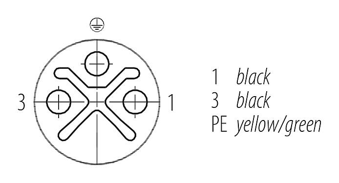 Disposición de los contactos (lado de la conexión) M12 Conector de cable hembra, Número de contactos: 2+PE, sin blindaje, moldeado en el cable, IP68, UL 2238, PUR, negro, 3 x 1,50 mm², 2 m