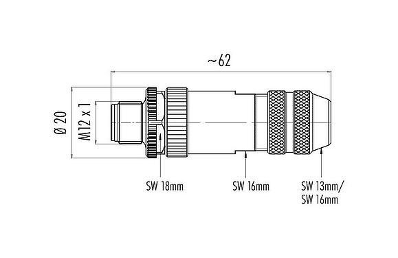 Scale drawing 99 1537 812 05 - M12 Male cable connector, Contacts: 5, 6.0-8.0 mm, shieldable, wire clamp, IP67