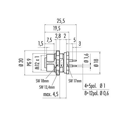 Scale drawing 86 0534 1000 00004 - M12 Female panel mount connector, Contacts: 4, unshielded, THT, IP68, UL, PG 9, front fastened