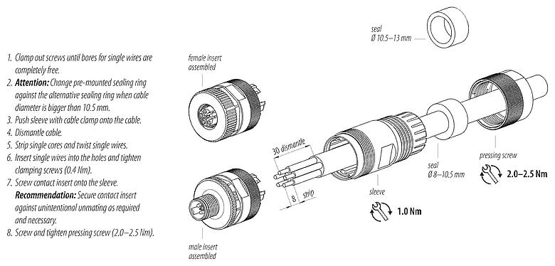 Instrucción de montaje M12 Conector de cable hembra, Número de contactos: 4+PE, 8,0-13,0 mm, sin blindaje, tornillo extraíble, IP67, UL 2237 en preparación, con conexión de PE