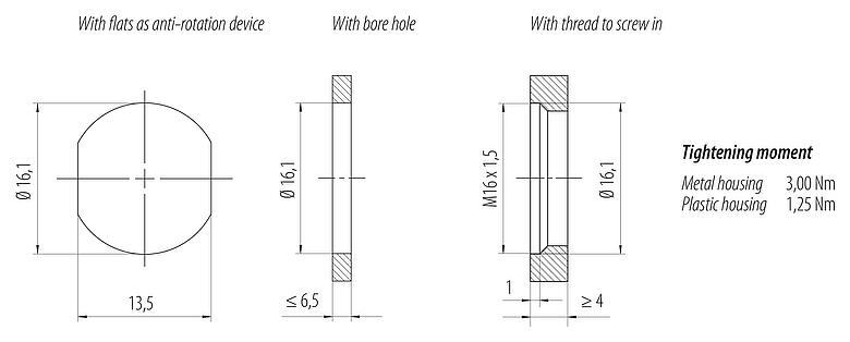 Muestra de montaje M12 Enchufe de brida, Número de contactos: 4+FE, sin blindaje, THR, IP67, UL 2238, M16x1,5, Montaje frontal