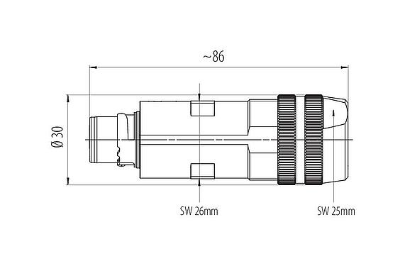 Dibujo a escala Bayoneta Conector de cable macho, Número de contactos: 6 (3+PE+2), 7,0-14,0 mm, blindable, tornillo extraíble, IP67 enchufado y bloqueado, UL 2237