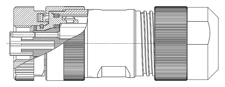 Dibujo a escala M12 Conector de cable hembra, Número de contactos: 4+PE, 8,0-13,0 mm, sin blindaje, tornillo extraíble, IP67, UL 2237 en preparación, con conexión de PE