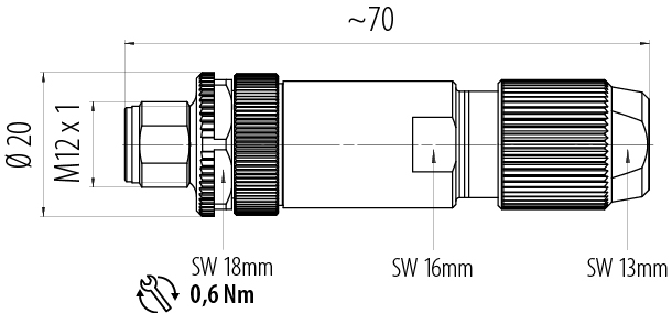 Dessin coté M12 Connecteur mâle, Contacts: 4, 5,0-8,0 mm, blindable, sertir (Les contacts à sertir doivent être commandés séparément), IP67