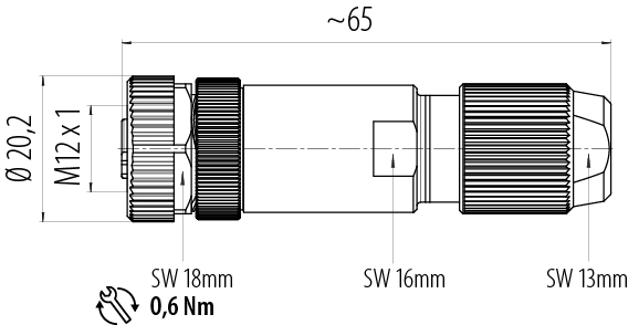 Dessin coté M12 Connecteur femelle, Contacts: 4, 5,0-8,0 mm, blindable, pince à visser, IP67, UL 2238, ressort à iris